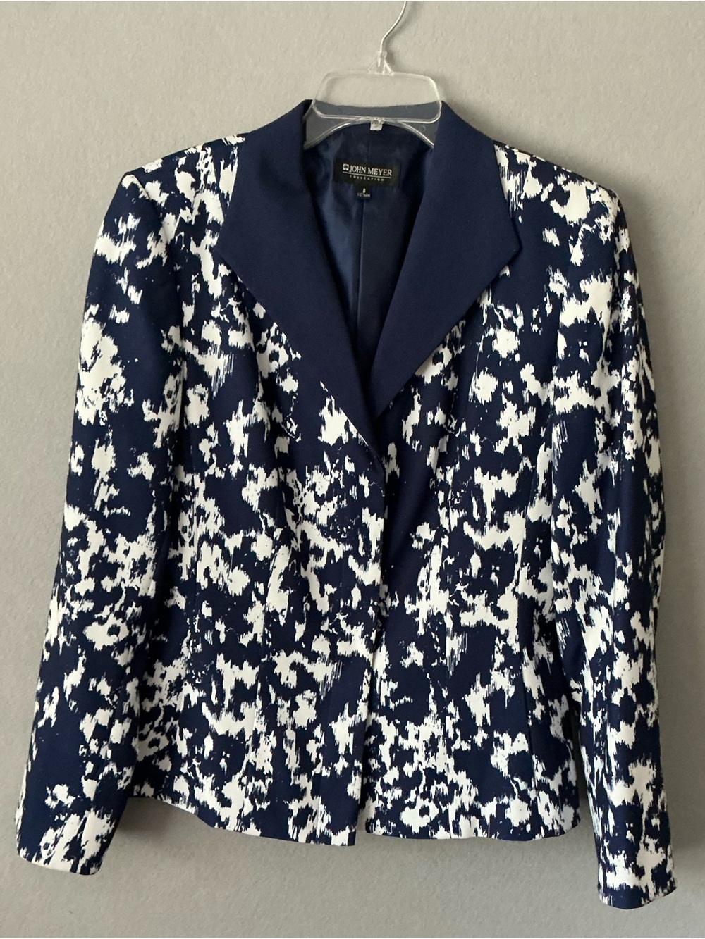 Vtg John Meyer Blazer 8 Navy Blue White Abstract Print Contrast Lapel Preppy 90s